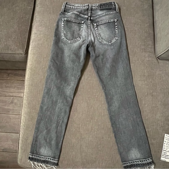 AMO Babe Button Fly Crop Jeans in Vixen Destroy Faded Black Wash Raw Release Hem - Picture 5 of 9